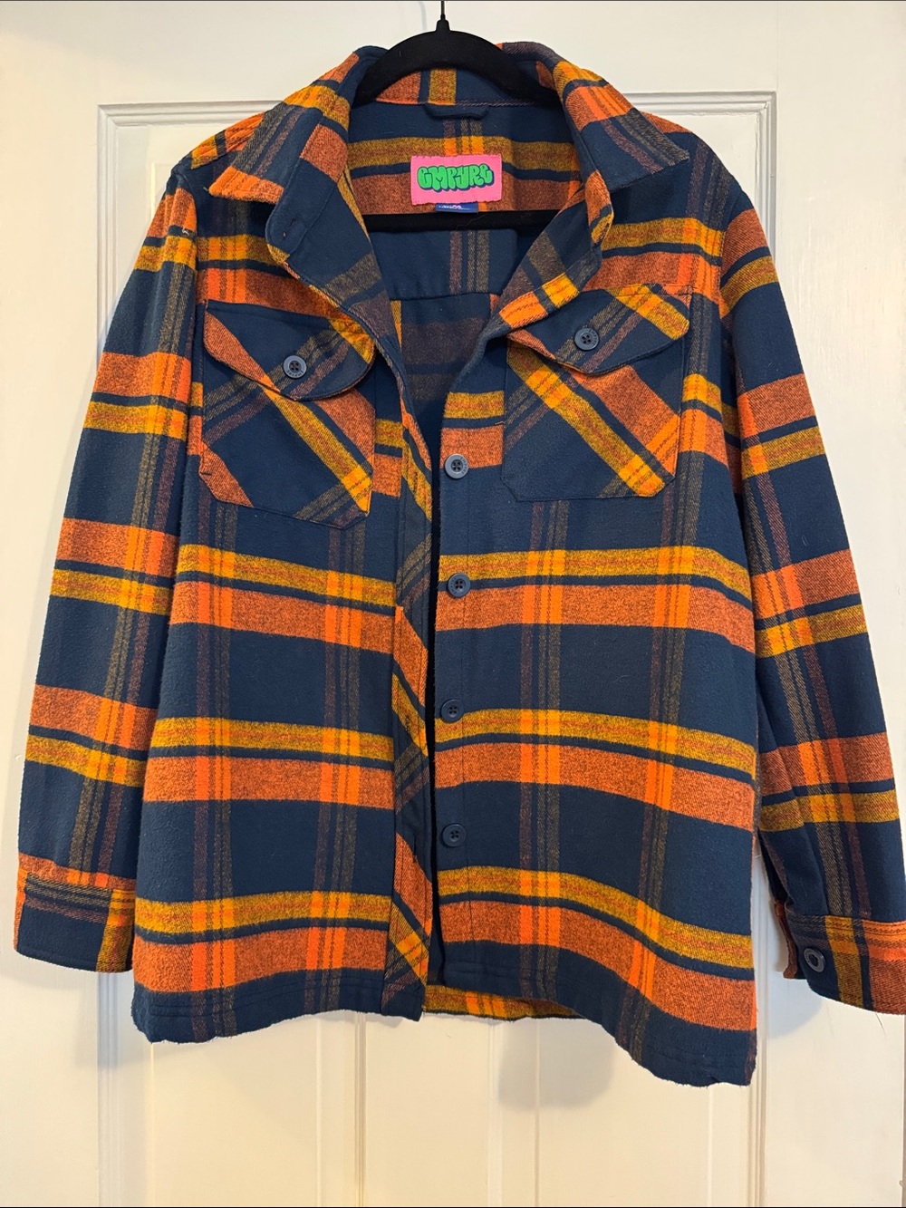 Empyre Navy Blue and Orange Plaid Button-Up Shacket
